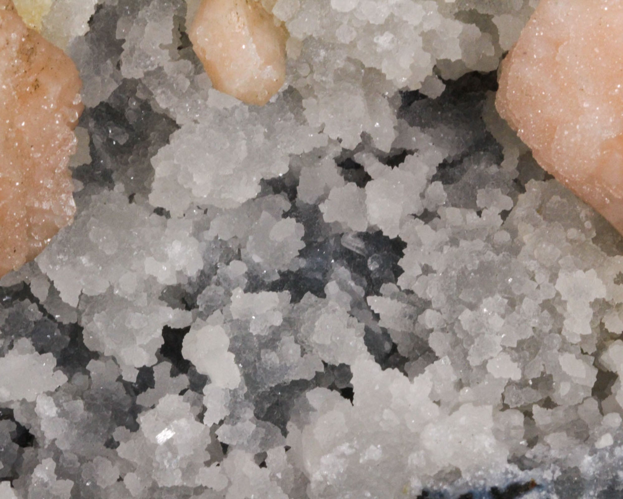 Calcite, Stilbite on Chalcedony and Quartz