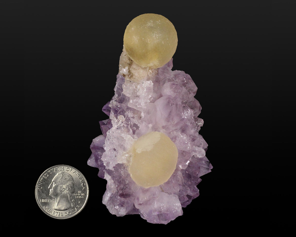 Fluorite, Yellow Spheres on Amethyst