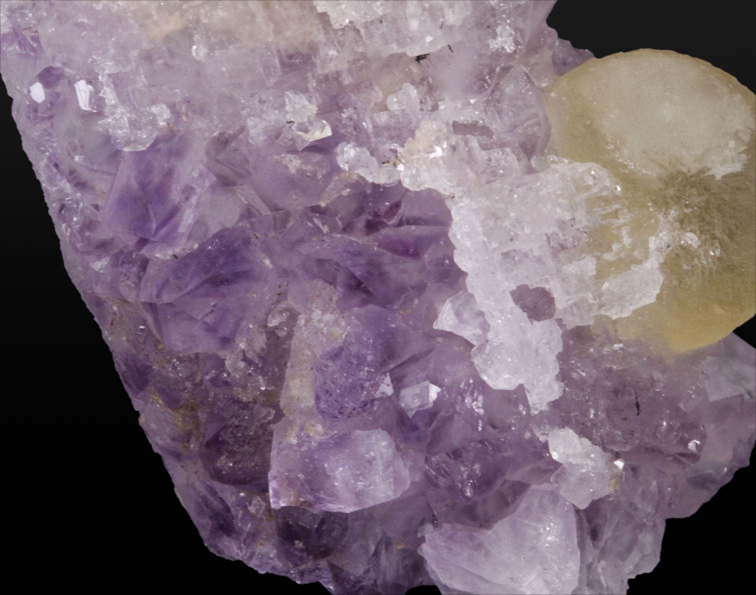 Fluorite, Yellow Spheres on Amethyst