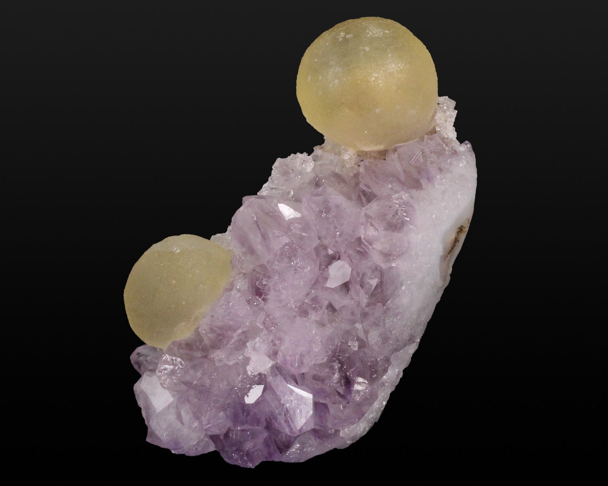 Fluorite, Yellow Spheres on Amethyst