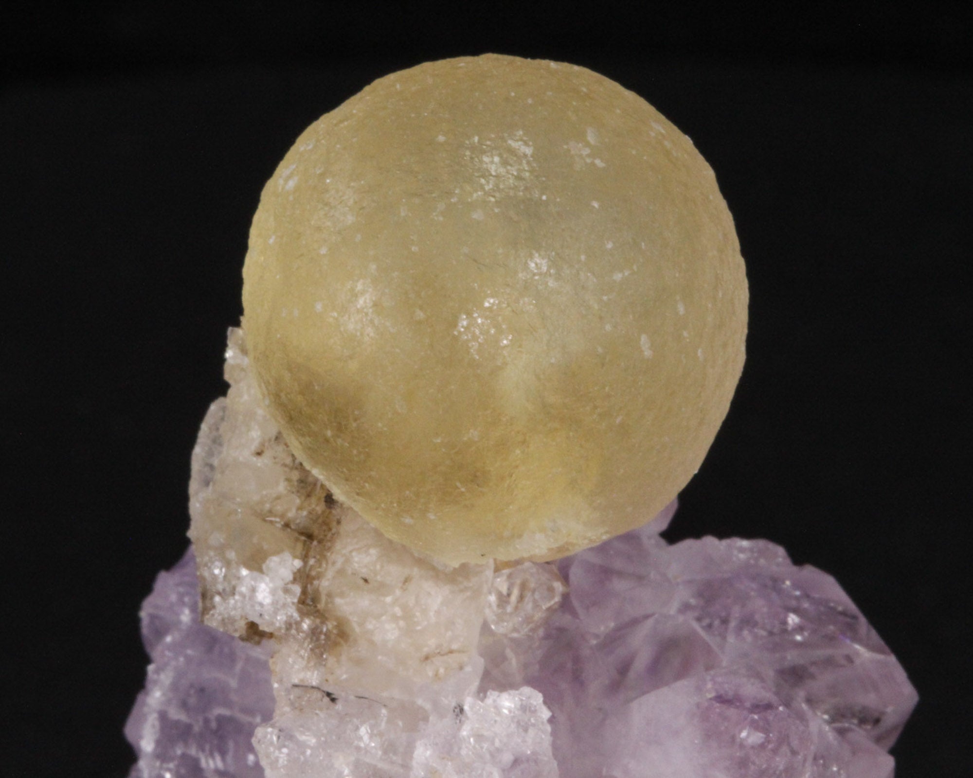 Fluorite, Yellow Spheres on Amethyst